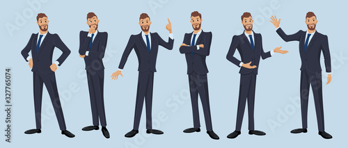 Businessman, office worker. Set of cartoon illustrations of man wearing business suit and standing in different poses. Vector isolated on the white background.