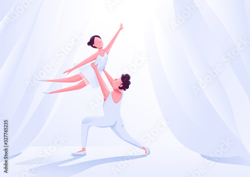 Ballet dancers couple performance flat color vector illustration. Theatre dance partners movement on stage 2D cartoon characters. Graceful ballerina in tutu on white curtains background