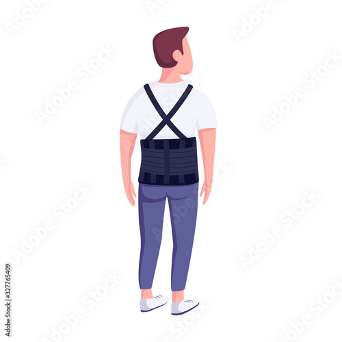 Man in bandage belt flat color vector faceless character. Male patient spinal trauma and posture correction treatment isolated cartoon illustration for web graphic design and animation