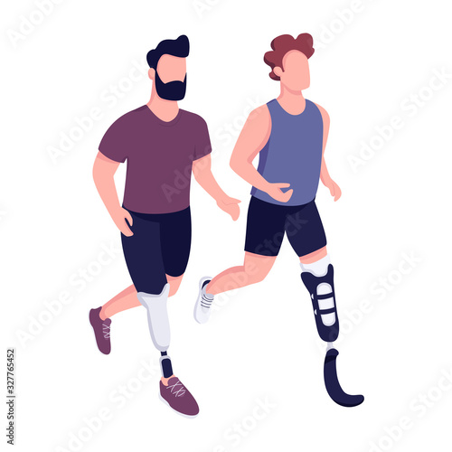 Disabled sportsmen race flat color vector faceless character. Handicapped runners marathon, people with artificial limbs training isolated cartoon illustration for web graphic design and animation