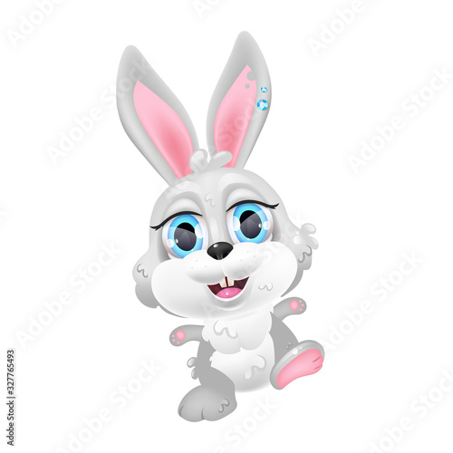 Cute grey Easter bunny kawaii cartoon vector character. Spring holiday symbol. Adorable and funny animal smiling isolated sticker, patch. Anime baby hare, happy rabbit emoji on white background