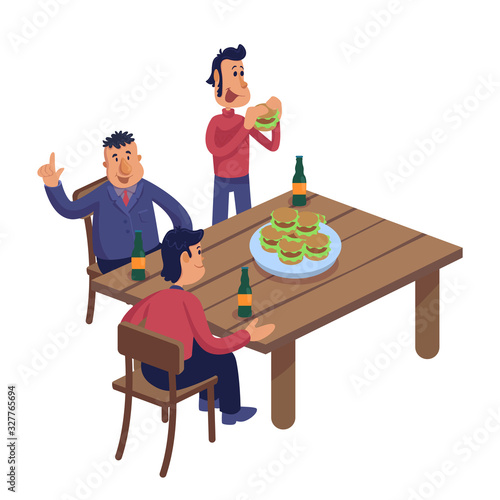 Male friends at pub flat cartoon vector illustration. Adult men group eating burgers and drinking beer. Ready to use 2d character template for commercial, animation, printing. Isolated comic hero