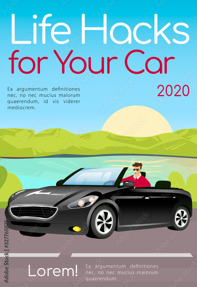 Plakat Life hacks for your car poster flat vector template. Useful tips for auto enthusiasts brochure, magazine page concept design with cartoon character. Advice for drivers flyer, leaflet with text space