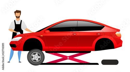 Auto mechanic flat color vector faceless character. Smiling repairman polishing sedan on car lift isolated cartoon illustration for web graphic design and animation. Automobile maintenance service