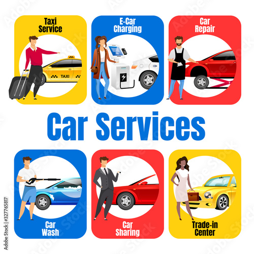 Car services flat color vector informational infographic template. Auto business. Poster, booklet, PPT page concept design with cartoon characters. Advertising flyer, leaflet, info banner idea