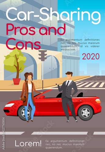 Car sharing pros and cons poster flat vector template. Ride share benefits assessment brochure, magazine page concept design with cartoon characters. Carpooling service flyer, leaflet with text space