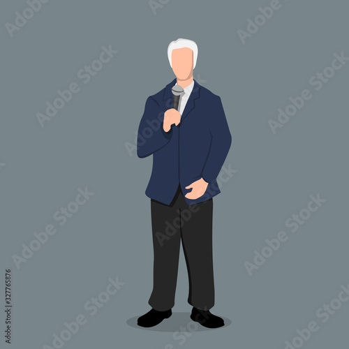 Politician in cartoon style. Business speaker with micriphone. Isolated image of reporter. Seminar host in blue suit