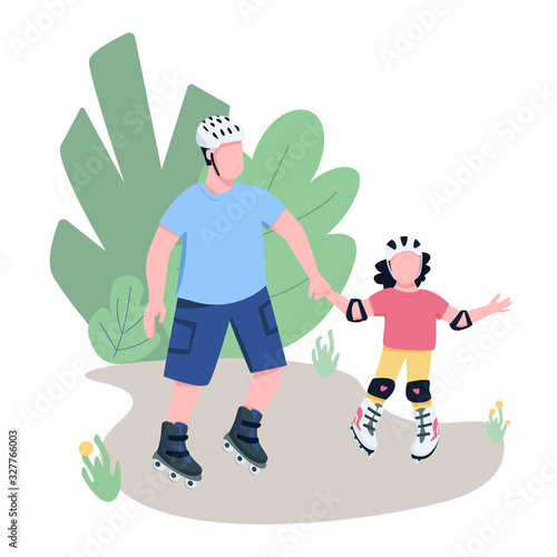 Father and child roller skating flat color vector faceless characters. Dad and daughter rollerblading in park, happy family moments isolated cartoon illustration for web graphic design and animation