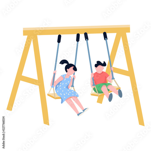 Children on chain swing flat color vector faceless characters. Happy kids playing outdoors, brother and sister on playground isolated cartoon illustration for web graphic design and animation