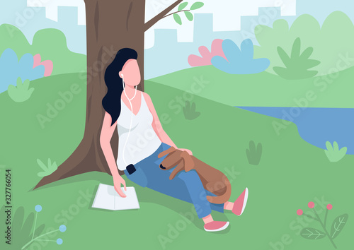 Girl resting in park flat color vector illustration. Woman in headphones with book sitting near tree, playing with dog 2D cartoon character with lake, bushes and remote cityscape on background