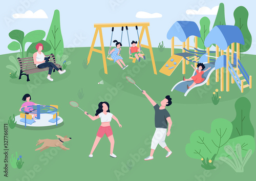 Children playground flat color vector illustration. Kids on carousel, slide and swing, people playing outdoor games, reading books 2D cartoon characters with green lawn and bushes on background