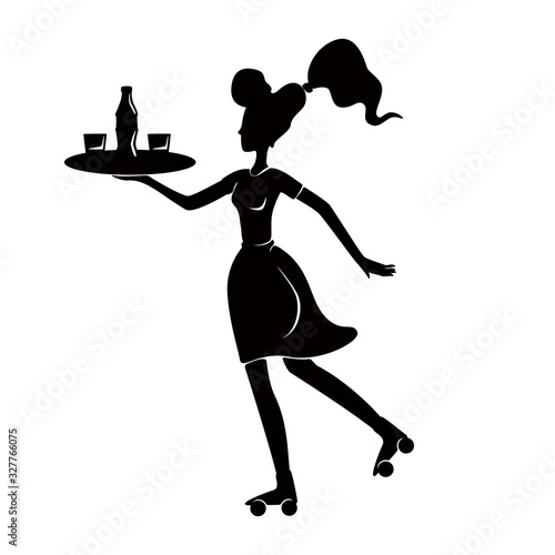Roller waitress holding tray in hands black silhouette vector illustration. Retro female waiter. 1950s style woman on rollerskate. 2d cartoon character shape for commercial, animation, printing