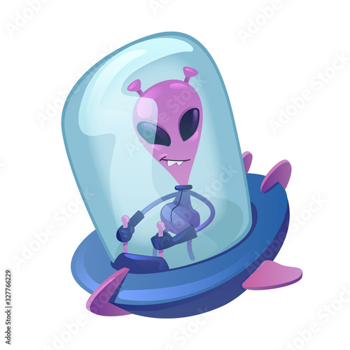 Alien in spacescraft flat cartoon vector illustration. Extraterrestrial driving spaceship. Ready to use 2d character template for commercial, animation, printing design. Isolated comic hero