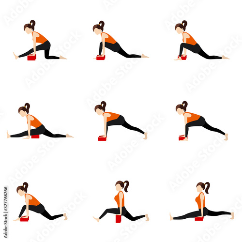 Monkey pose sequence yoga asanas set with bricks/ Illustration stylized woman practicing hanumanasana variations with blocks