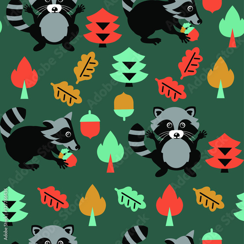 Cute raccoon seamless pattern in childish cartoon style. Vector illustration for use as textile, fabric, clothes, wrapping paper, paperhangings, packaging, invitation cards