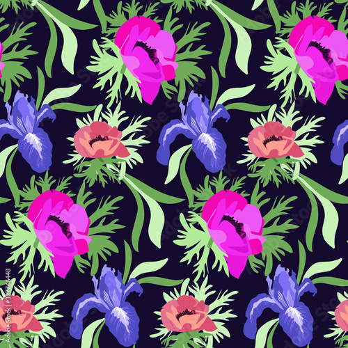 Floral bright seamless pattern with  flowers irises, anemones  and leaves on dark background for use as textile, fabric, wrapping paper, web