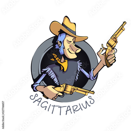 Sagittarius zodiac sign man flat cartoon vector illustration. Western cowboy with gun, astrological horoscope symbol. Ready to use 2d character for commercial, printing design. Isolated concept icon
