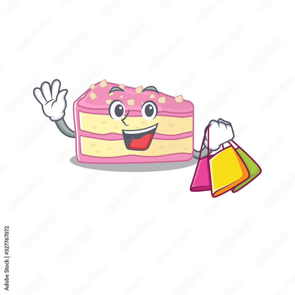 A friendly rich strawberry slice cake waving and holding Shopping bag A friendly rich strawberry slice cake waving and holding Shopping bag