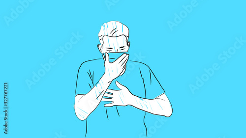 man coughing and sick because of infectious virus/disease/flu simple hand drawn design style minimal vector illustration