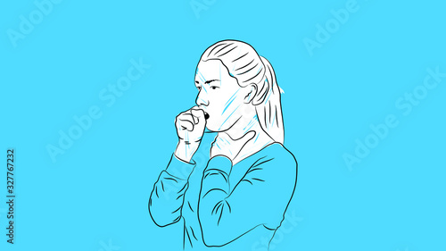 woman coughing and sick because of infectious virus/disease/flu simple hand drawn design style minimal vector illustration