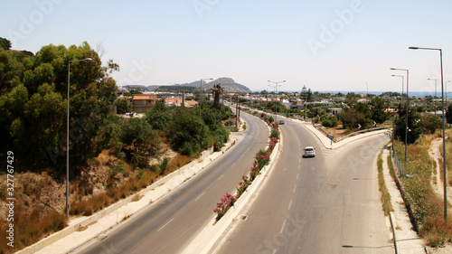 Greek National Road 95 (Rhodes - Lindos Highway 95).  It connects the city of Rhodes with the village of Lindos. View from Afandou bridge 