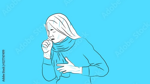 woman coughing and sick because of infectious virus/disease/flu simple hand drawn design style minimal vector illustration