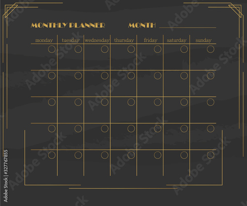 Art deco monthly planner on a dark background.