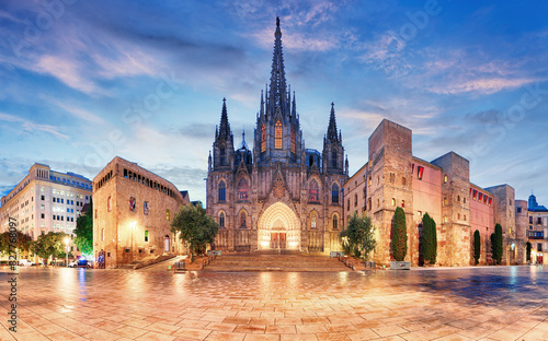 Panorama of Cathedral of the Holy Cross and Saint Eulalia in the Morning, Barri Gothic Quarter, Barcelona, Catalonia photo