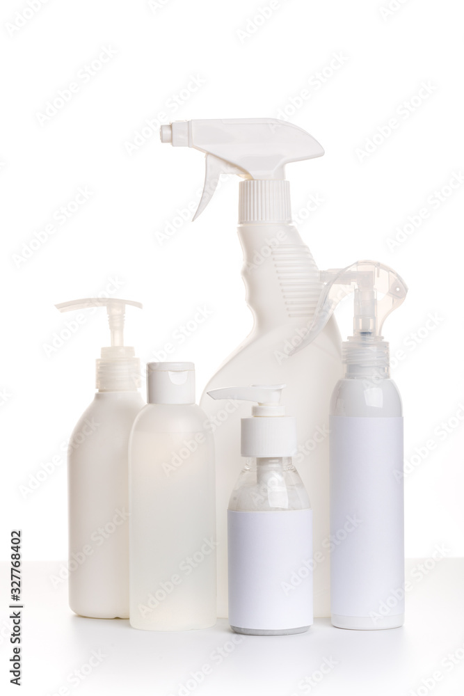Cleaning product plastic white container for house clean on white table and isolated. household chemicals mock up Cleaning product plastic white container for house clean on white table and isolated. household chemicals mock up