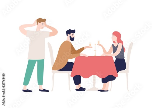 Shocked husband watching cheating wife with lover on dating at restaurant isolated on white. Woman betrayed male with paramour vector flat illustration. Love triangle and relationship concept