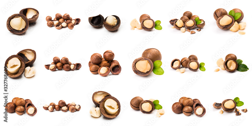 Macadamia nut with pieces and green leaves isolated on a white background Macadamia nut with pieces and green leaves isolated on a white background