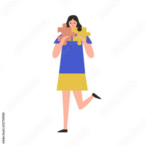 Cartoon girl combine puzzle finding right decision or idea vector flat illust...