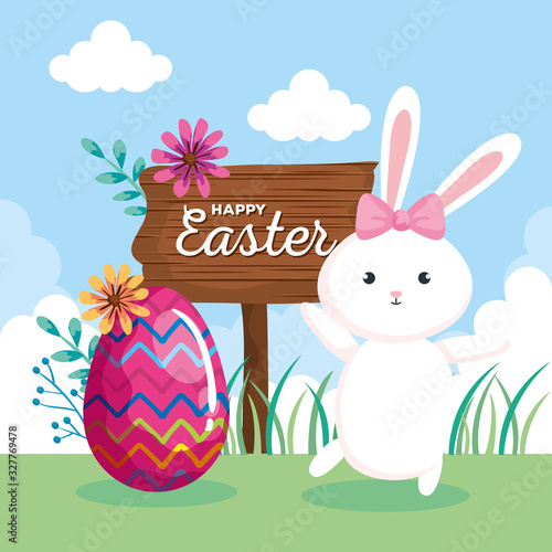 happy easter card with rabbit and egg vector illustration design