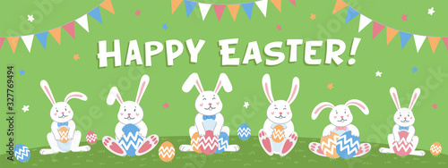 Happy easter horizontal banner or cover. Easter cartoon bunnies with eggs and...