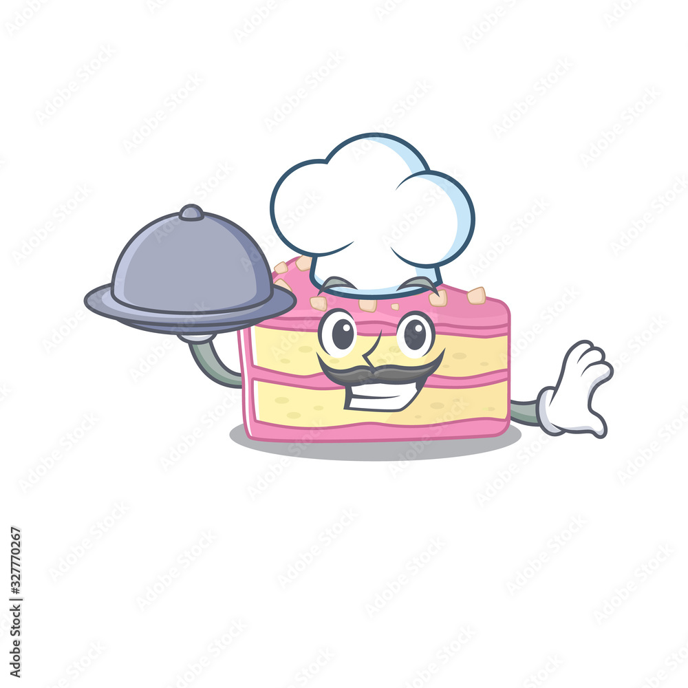 A picture of strawberry slice cake as a Chef serving food on tray A picture of strawberry slice cake as a Chef serving food on tray
