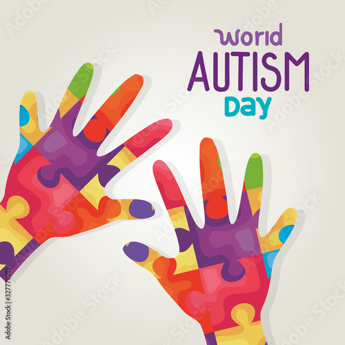 world autism day and hands with puzzle pieces vector illustration design