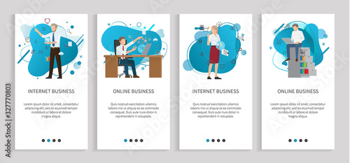 Business in online format vector, man and woman workplace of businessman with laptop, innovative technologies, digital connection with text. Website or app slider, landing page flat style