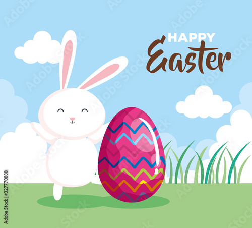 happy easter card with rabbit and egg in landscape vector illustration design