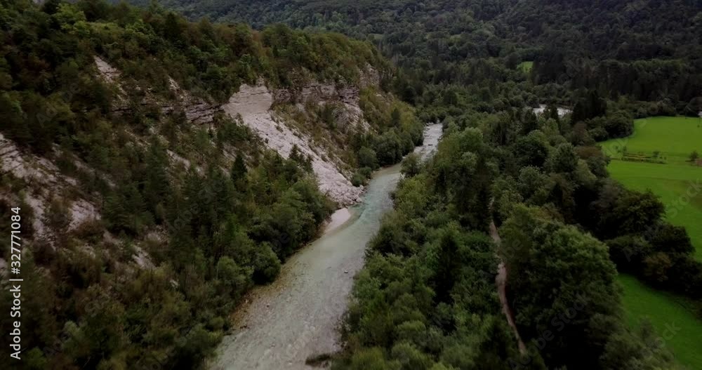 The Stunning Scenery Of Soca River and Glorious Trees In Slovenia - Aerial Shot The Stunning Scenery Of Soca River and Glorious Trees In Slovenia - Aerial Shot