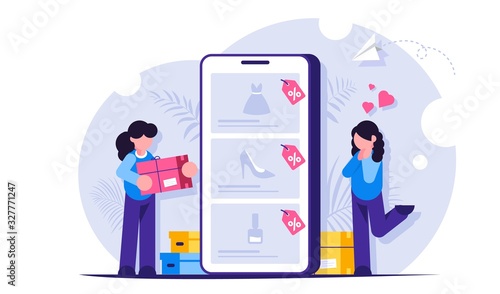 Online shopping concept. Girls make purchases in online store choosing the goods on the site through a mobile phone. Buying dresses, shoes and perfumes. Modern Flat vector illustration.