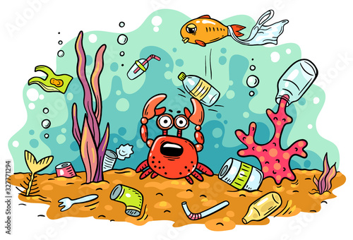 Sea animals suffer from ocean pollution with plastics, ecology and environment concept