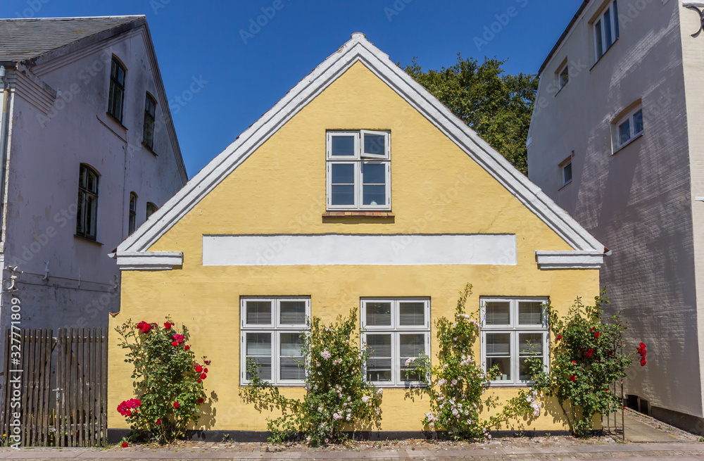 Old yellow house with flowers in Ribe, Denmark