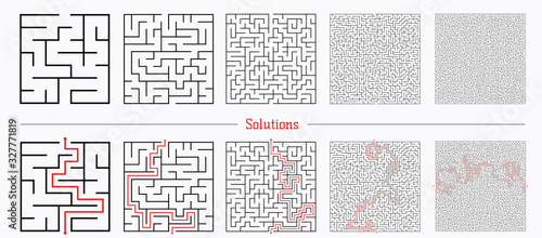 Labyrinth templates with solution in red. Vector illustration of set of 5 square mazes for kids and not only at different levels of complexity.