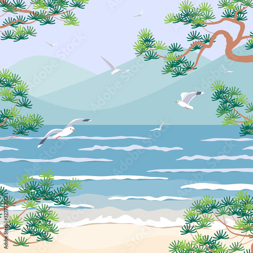 Nature Scene with Sea, Mountains, Pine Branches and Seagulls.