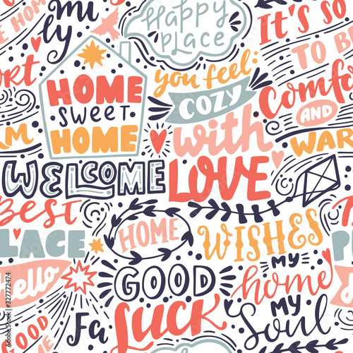 Vector seamless pattern with Home handwritten letterings and symbols. Hand drawn background