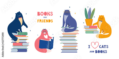 Funny cats are literary fans. Cute animals lovers of literature. Cartoon cats read and sit on a large stack of books. Hand drawn Scandinavian vector illustration. Lettering on the subject of reading.
