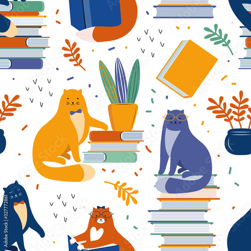 Seamless background with cats reading books. Smart cats with glasses sit on a stack of books. Modern abstract background. Hand drawn Scandinavian illustration. Pet among books. Children Wallpaper.