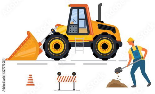 Digger with shovel, cone and barrier, yellow backhoe. Machine with scoop, worker digging, construction equipment, earthmover and road technology vector