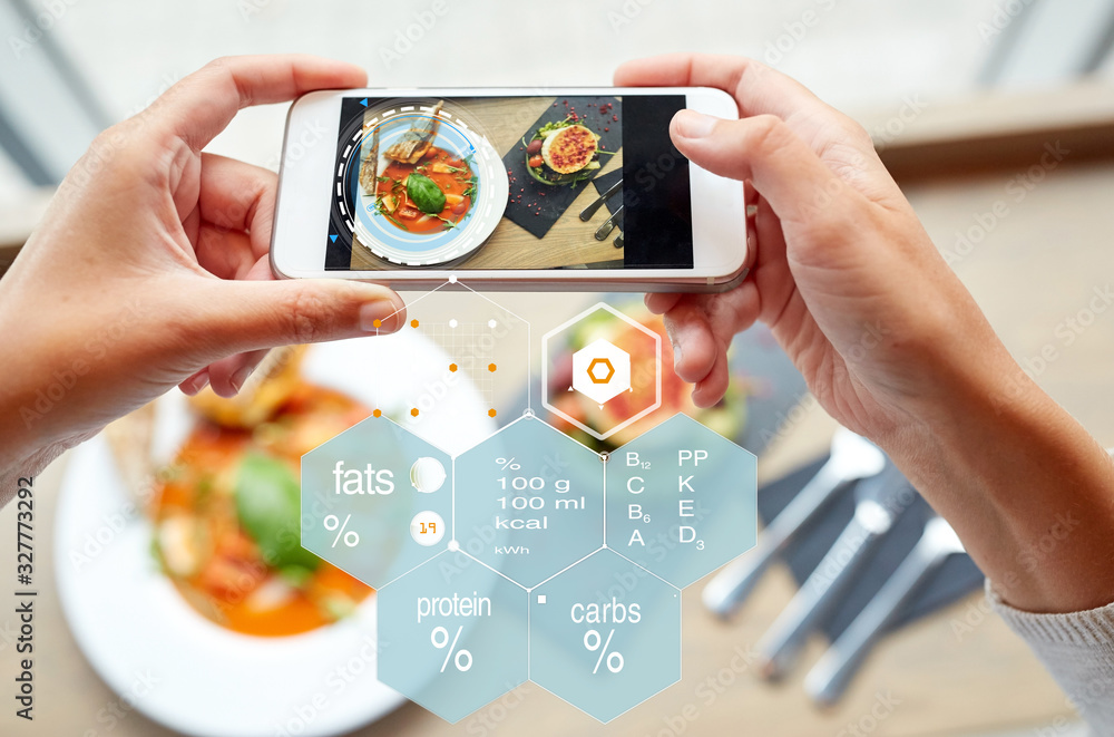 food, eating, technology, culinary and people concept close up of