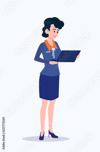 Business woman Office cartoon characters. Standing persons. Business People at morning meeting. Illustration vector of discussion and talk, Board background.